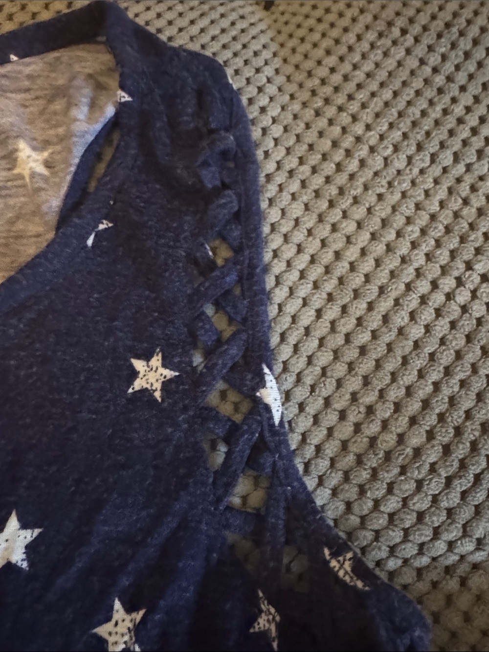 SO Navy Tank Top with White Star Print and Lattice Shoulders - Picture 3 of 4
